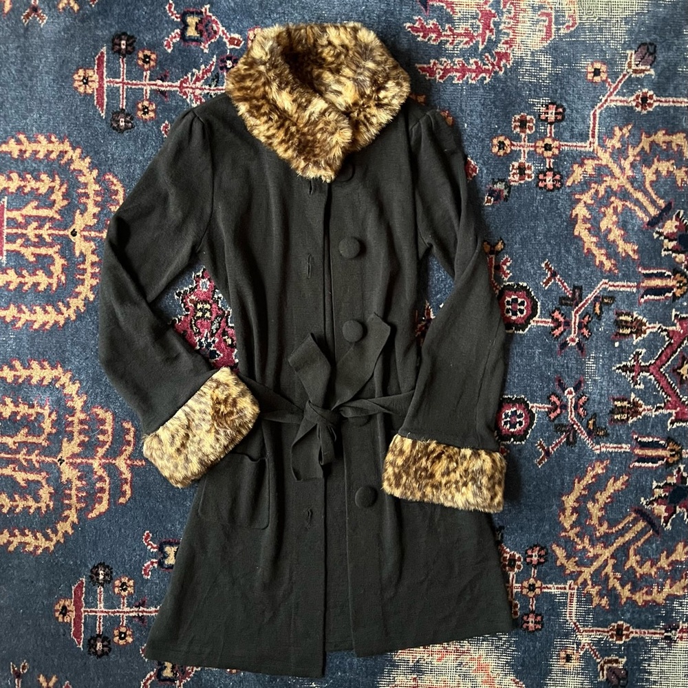 INC International Concepts Black cardigan with leopard print Faux Fur Trim Y2K